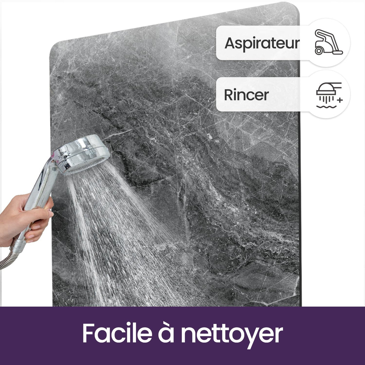 DEXI Tapis de Bain Antidérapant Ultra Mince 40x60cm Noir | Super Absorbant, Sèche Rapide, Motif Marbre Moderne, Facile à Nettoyer, pour Salle de Bain, Baignoire et Douche
