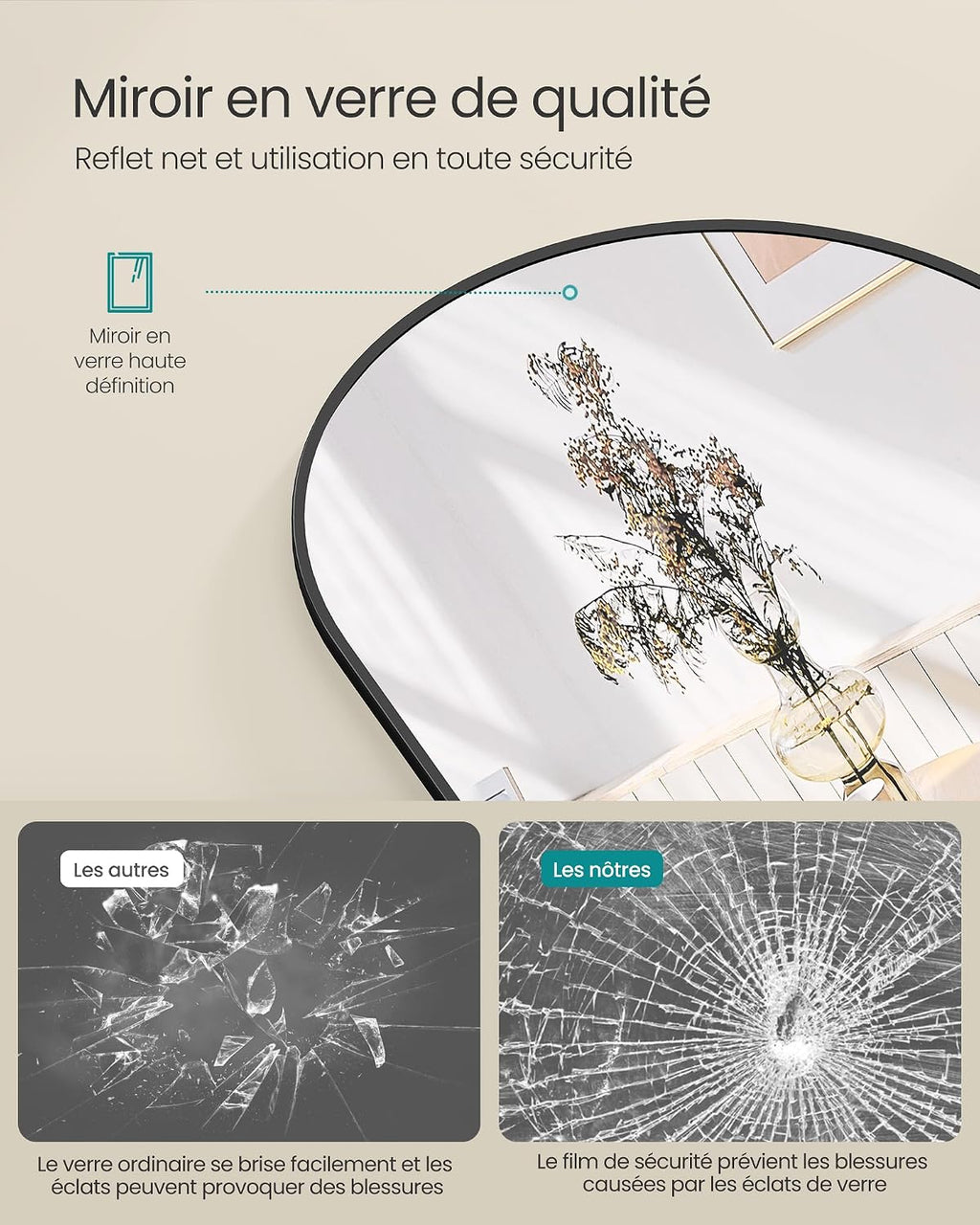 SONGMICS Miroir Intégral, 160 x 50 cm, Miroir Arqué sur Pied, à Poser au Sol, Cadre en Alliage d’Aluminium, Verre Trempé, pour Chambre, Salon, Dressing, Noir d'encre LFM031B01 | Cadre en alliage d'aluminium pour chambre à coucher, salon, vestiaire, noir m