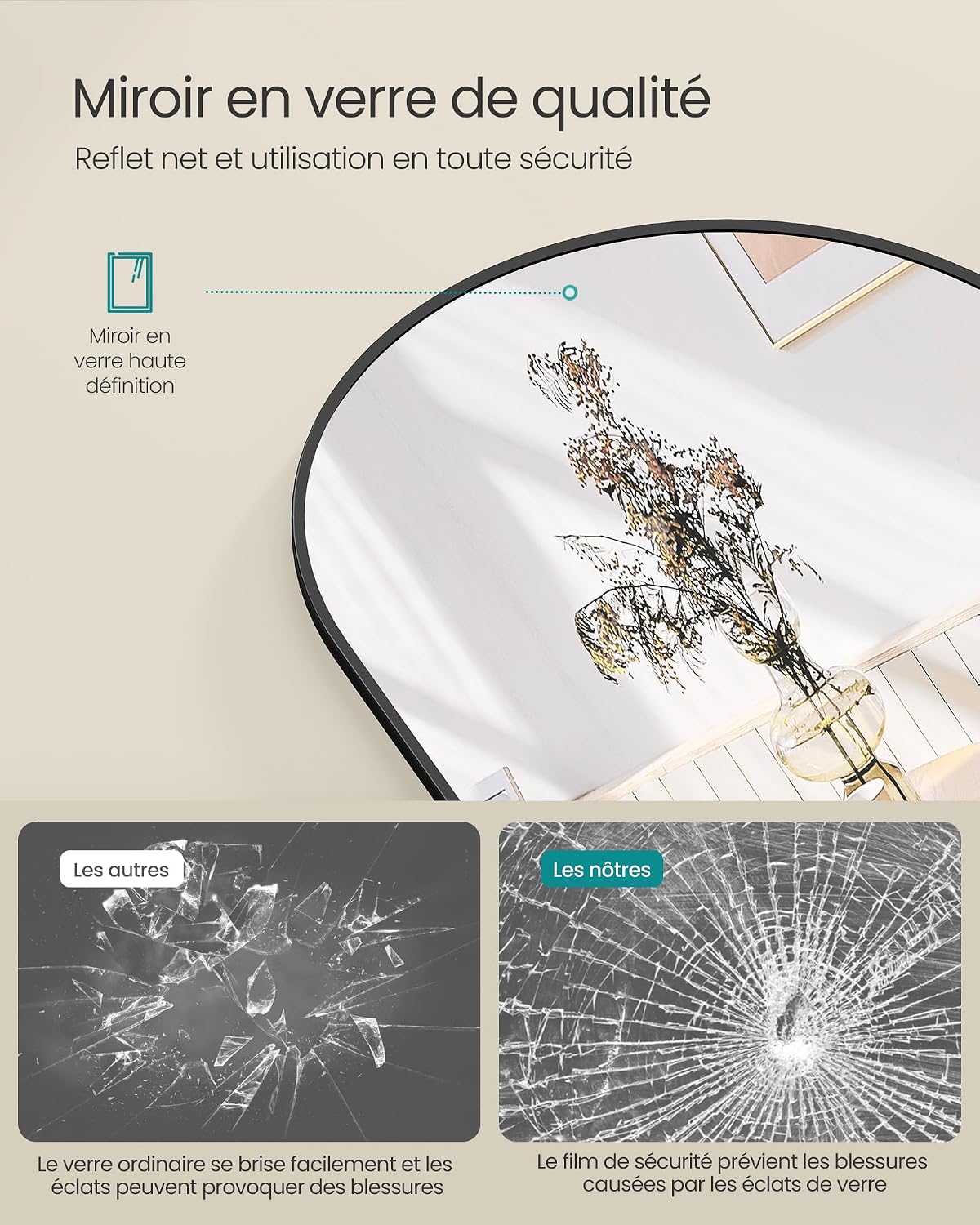 SONGMICS Miroir Intégral, 160 x 50 cm, Miroir Arqué sur Pied, à Poser au Sol, Cadre en Alliage d’Aluminium, Verre Trempé, pour Chambre, Salon, Dressing, Noir d'encre LFM031B01 | Cadre en alliage d'aluminium pour chambre à coucher, salon, vestiaire, noir m
