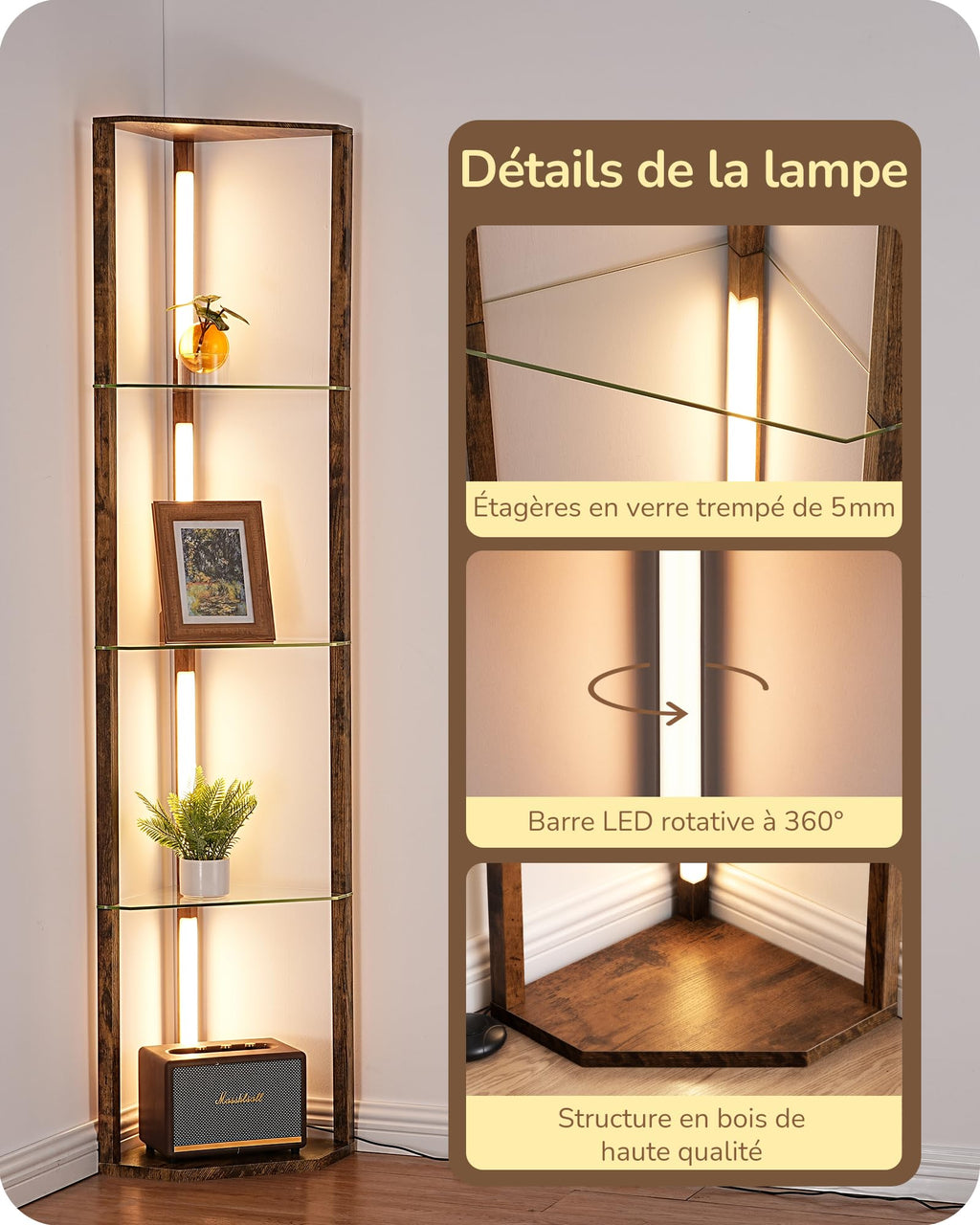 EDISHINE Lampadaire avec Étagère pour Salon, LED Dimmable, Noir | 3 Températures de Couleur, Lampadaire LED avec Tige Pivotante à 360°, Interrupteur au Pied, Étagère d’Angle Éclairée