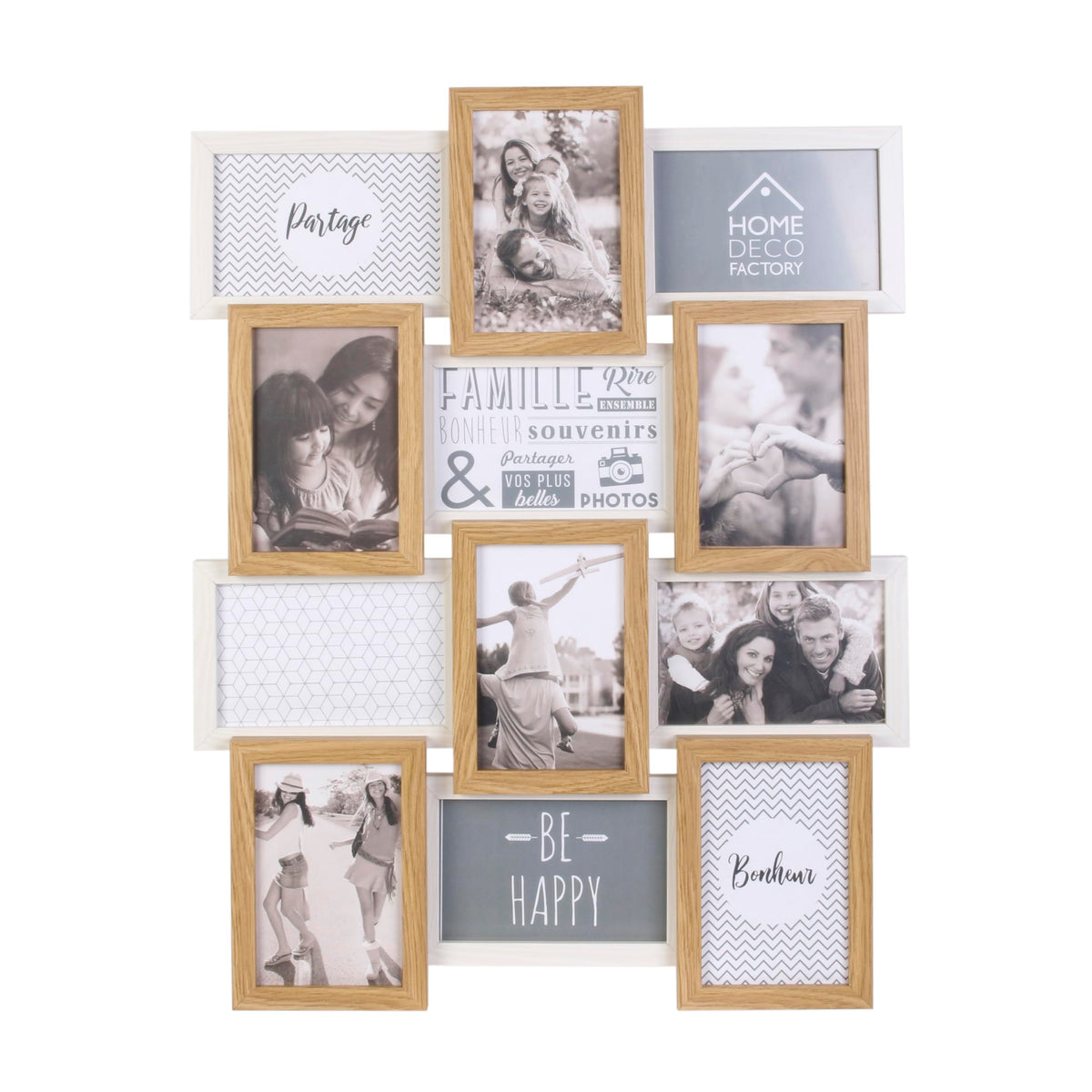 HOME DECO FACTORY Cadre Photos Pêle-Mêle 10 Vues Bois et Blanc Marron | Bois et verre, cadre photos pêle-mêle, 10 vues, design bicolore, décoration souvenirs, fixation murale, beige et marron