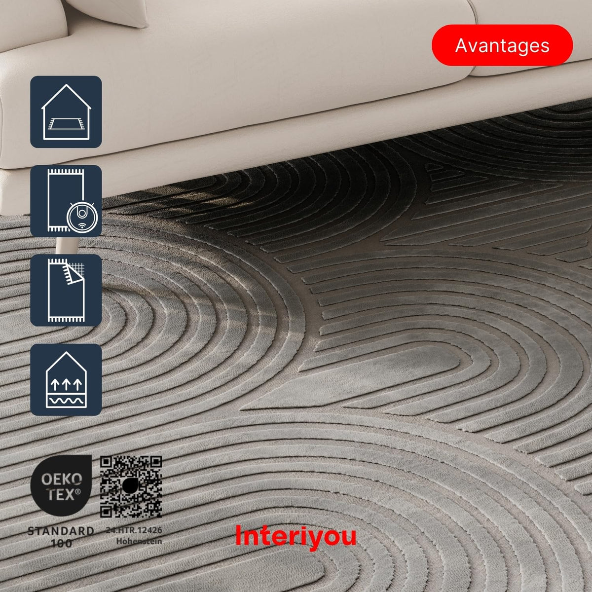 Interiyou Tapis Salon à Poils Courts Cannes - 120x170 Crème - Motif bohème scandinave avec Effet 3D - Plat et géométrique - Poil Ras pour Chambre, Couloir, Bureau