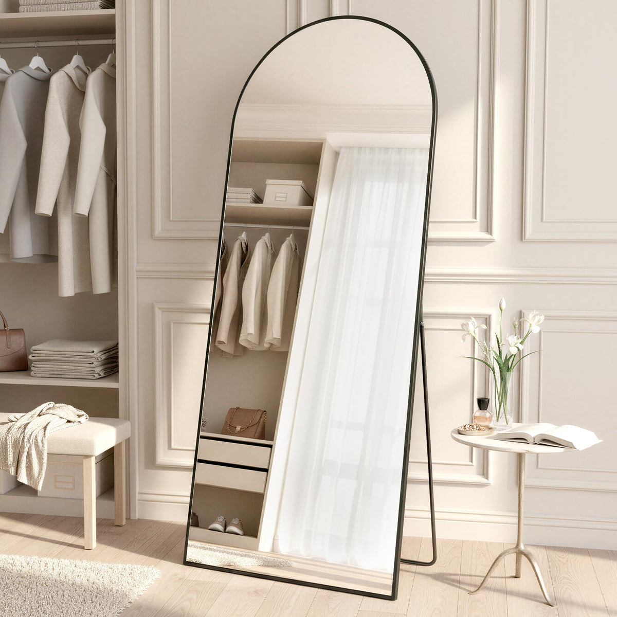 SONGMICS Miroir Intégral, 160 x 50 cm, Miroir Arqué sur Pied, à Poser au Sol, Cadre en Alliage d’Aluminium, Verre Trempé, pour Chambre, Salon, Dressing, Noir d'encre LFM031B01 | Cadre en alliage d'aluminium pour chambre à coucher, salon, vestiaire, noir m