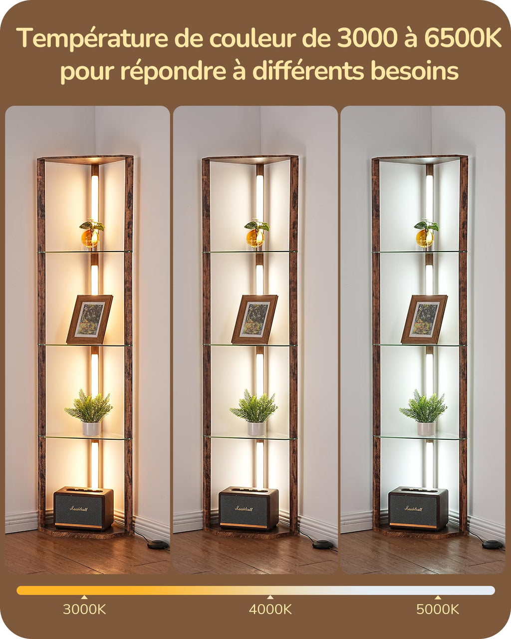 EDISHINE Lampadaire avec Étagère pour Salon, LED Dimmable, Noir | 3 Températures de Couleur, Lampadaire LED avec Tige Pivotante à 360°, Interrupteur au Pied, Étagère d’Angle Éclairée