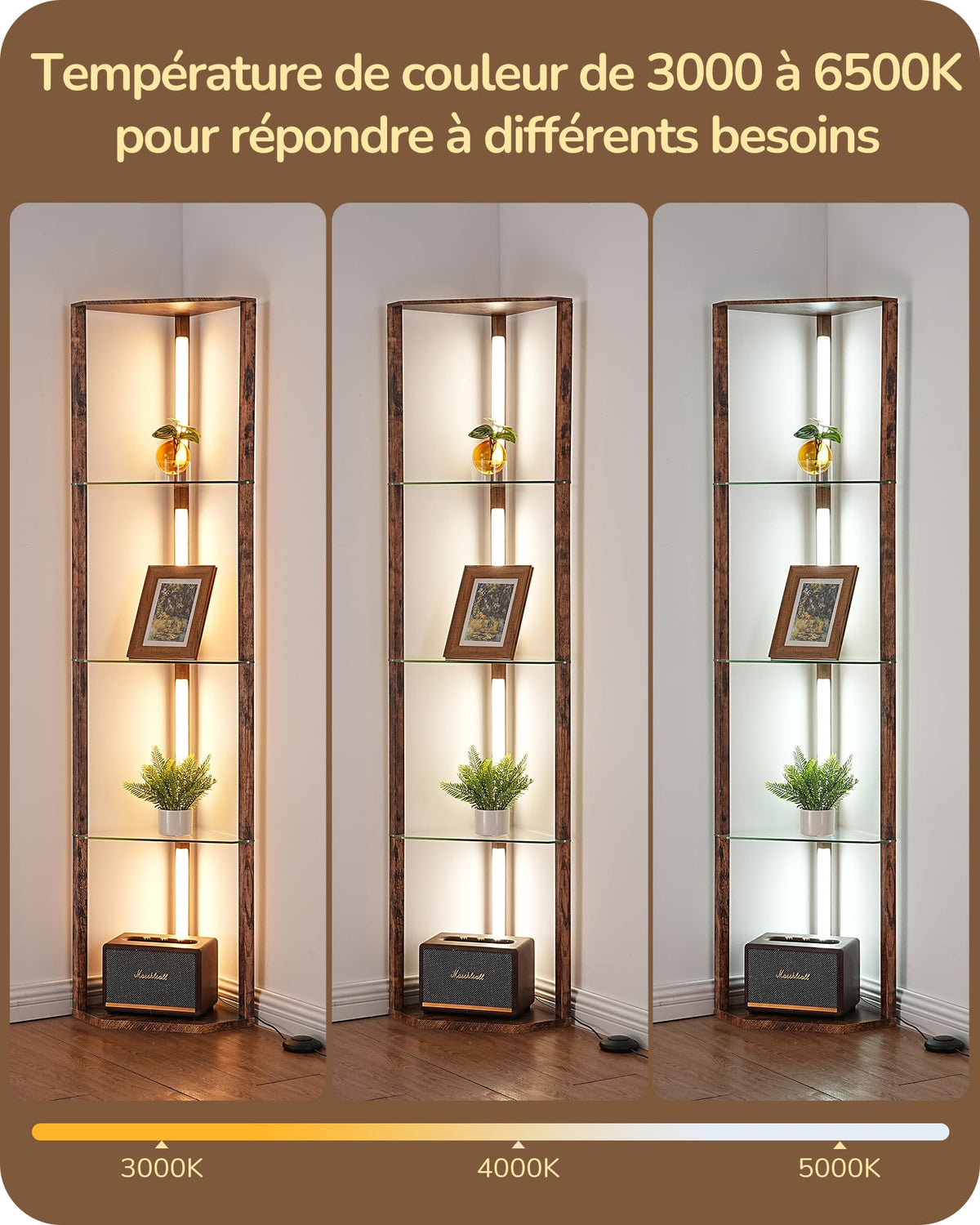 EDISHINE Lampadaire avec Étagère pour Salon, LED Dimmable, Noir | 3 Températures de Couleur, Lampadaire LED avec Tige Pivotante à 360°, Interrupteur au Pied, Étagère d’Angle Éclairée