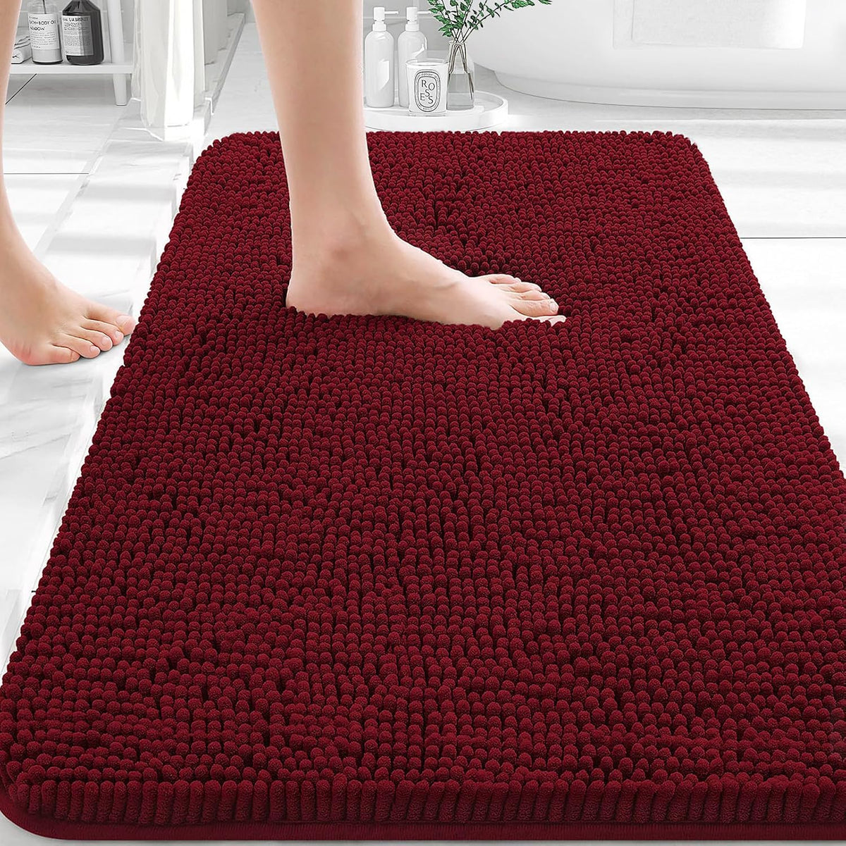 Tapis de bain OLANLY (76 x 51 cm) – Tapis en chenille ultra-doux et absorbant | Gris, dos en caoutchouc à séchage rapide, lavable en machine (pour sol de salle de bain, baignoire et douche), accessoire de décoration