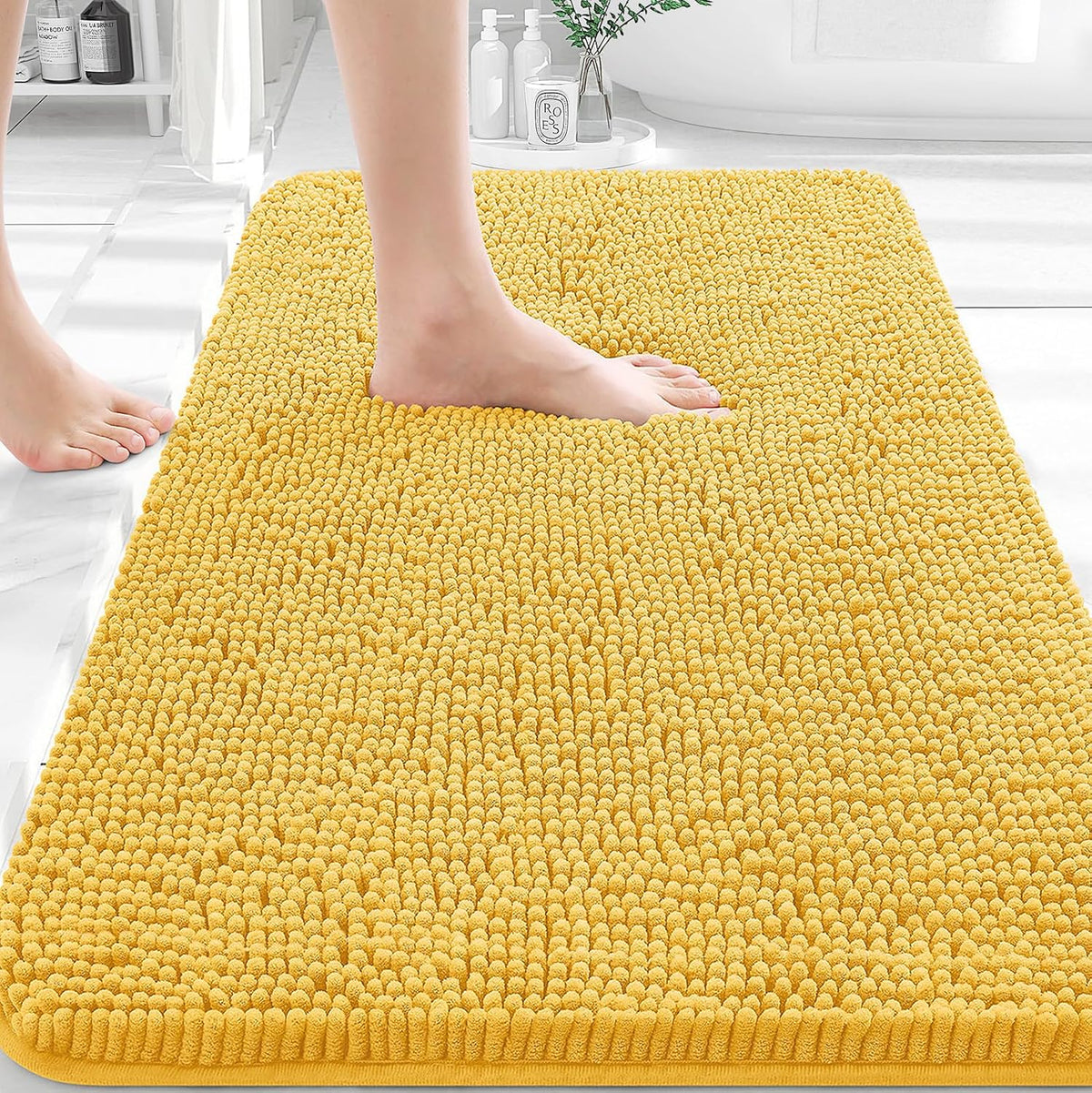 Tapis de bain OLANLY (76 x 51 cm) – Tapis en chenille ultra-doux et absorbant | Gris, dos en caoutchouc à séchage rapide, lavable en machine (pour sol de salle de bain, baignoire et douche), accessoire de décoration