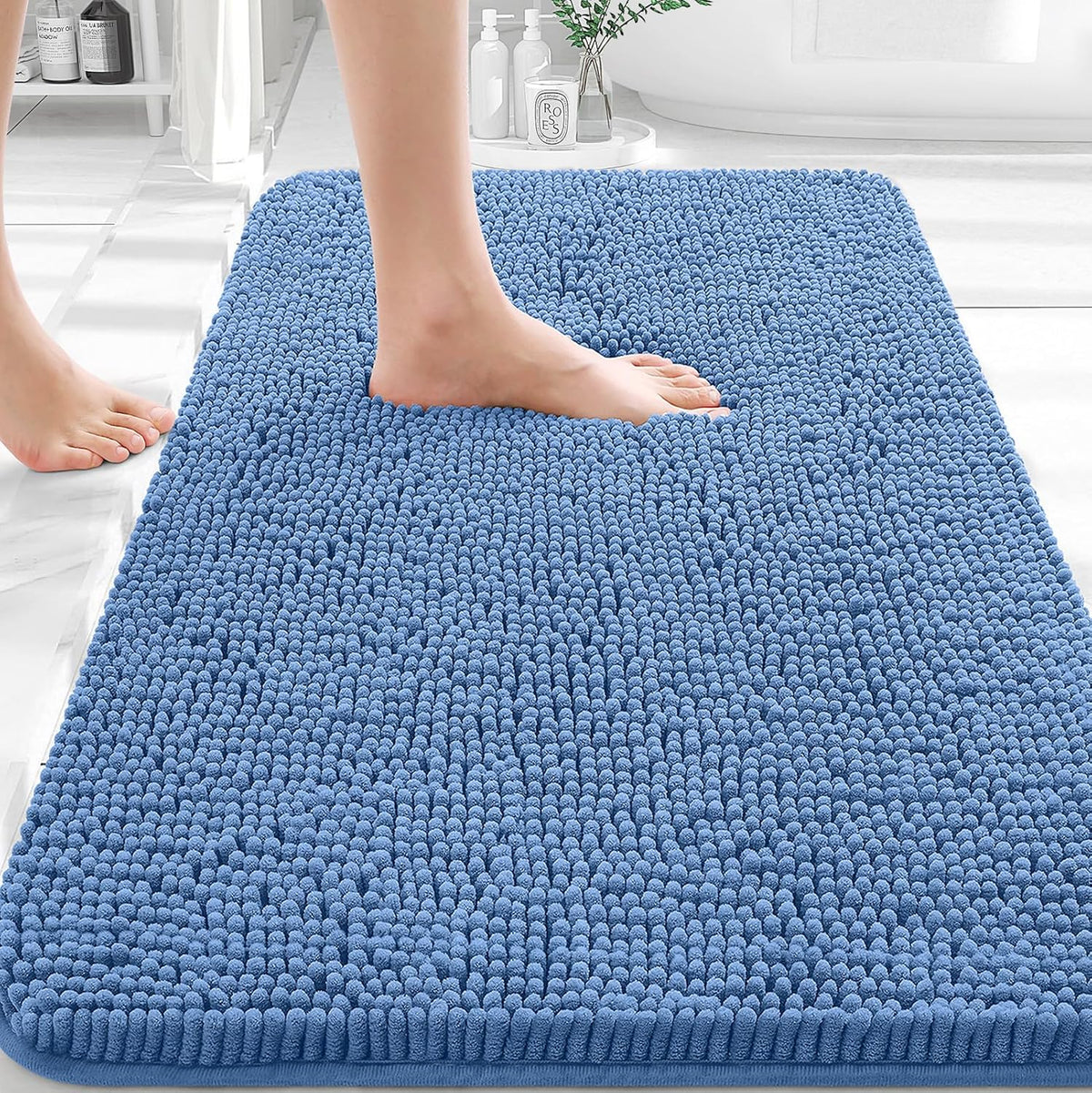 Tapis de bain OLANLY (76 x 51 cm) – Tapis en chenille ultra-doux et absorbant | Gris, dos en caoutchouc à séchage rapide, lavable en machine (pour sol de salle de bain, baignoire et douche), accessoire de décoration