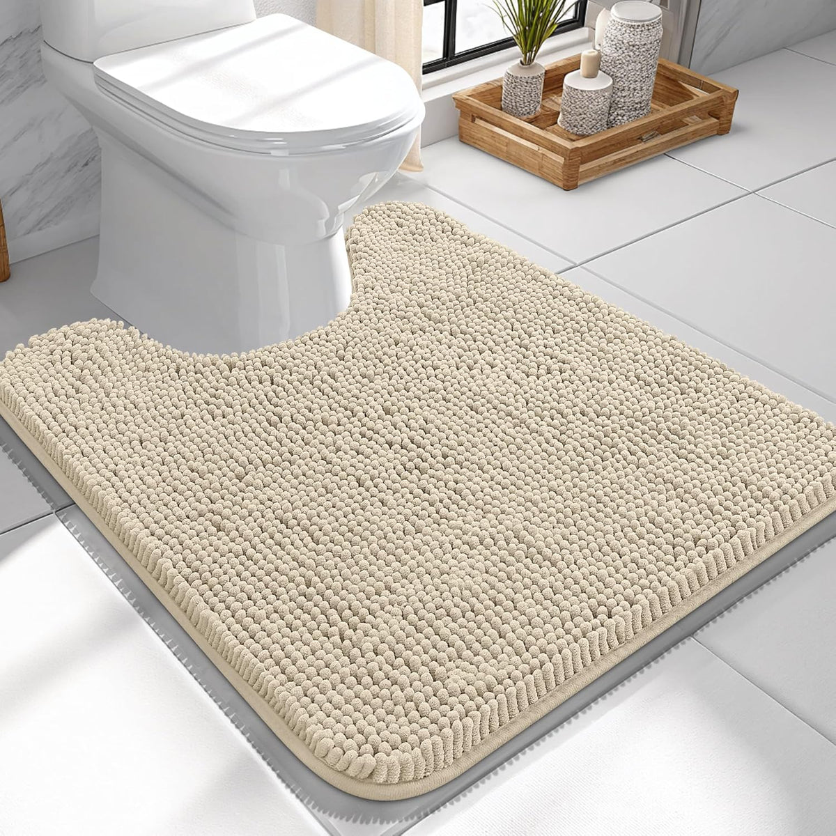 Tapis de bain OLANLY (76 x 51 cm) – Tapis en chenille ultra-doux et absorbant | Gris, dos en caoutchouc à séchage rapide, lavable en machine (pour sol de salle de bain, baignoire et douche), accessoire de décoration