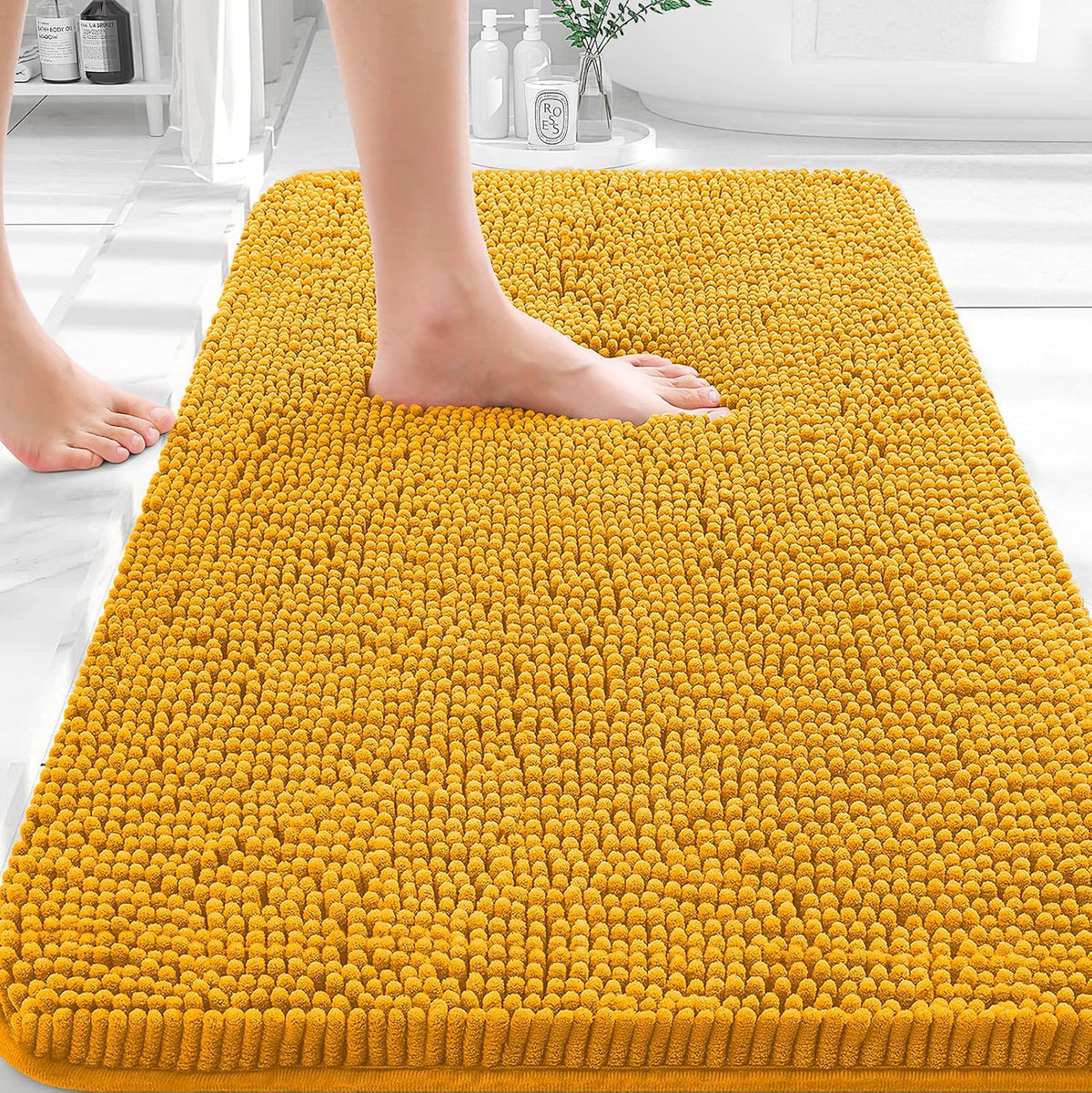 Tapis de bain OLANLY (76 x 51 cm) – Tapis en chenille ultra-doux et absorbant | Gris, dos en caoutchouc à séchage rapide, lavable en machine (pour sol de salle de bain, baignoire et douche), accessoire de décoration