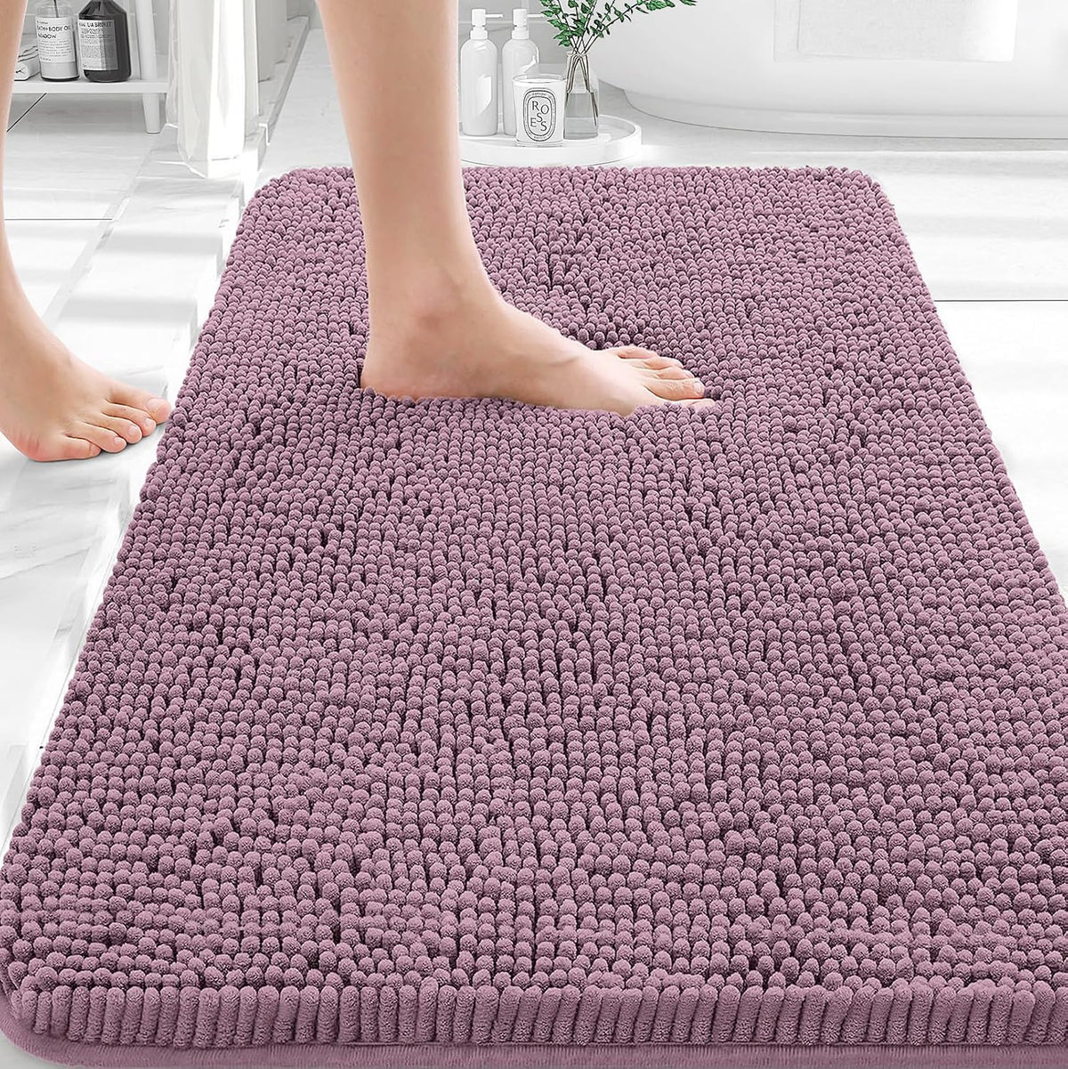 Tapis de bain OLANLY (76 x 51 cm) – Tapis en chenille ultra-doux et absorbant | Gris, dos en caoutchouc à séchage rapide, lavable en machine (pour sol de salle de bain, baignoire et douche), accessoire de décoration